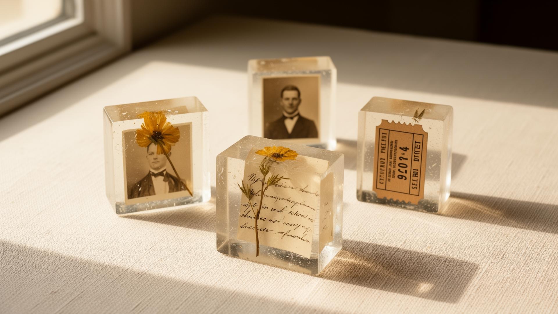 Crystal-clear resin blocks preserving photographs, pressed flowers, handwritten letters, and vintage tickets
